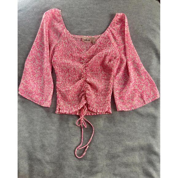 Tops - pink floral smocked blouse cottagecore ruched tie front top xs